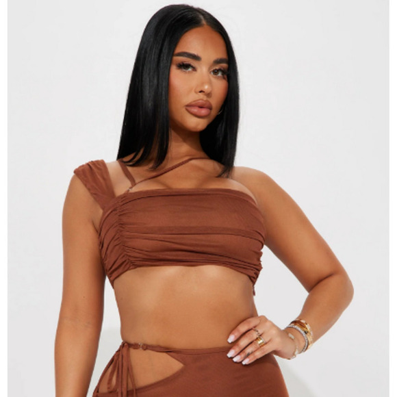 Fashion Nova Tops - NWT FashionNova Brown One Shoulder Mesh Micro Crop Going Out Top Womens MD